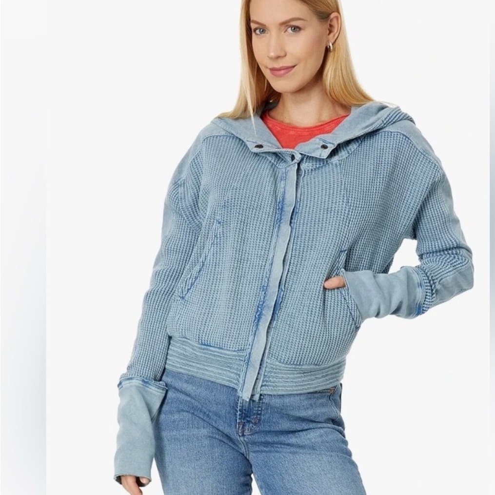 Free People Light Blue Hooded Waffle-Knit Jean Jacket